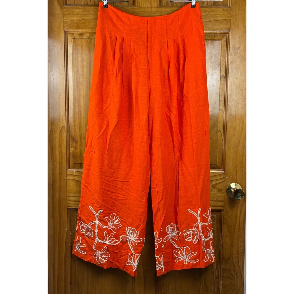 Alex Marie Orange Linen Blend Floral Embroidered Wide Leg Pants Size 14 NWT